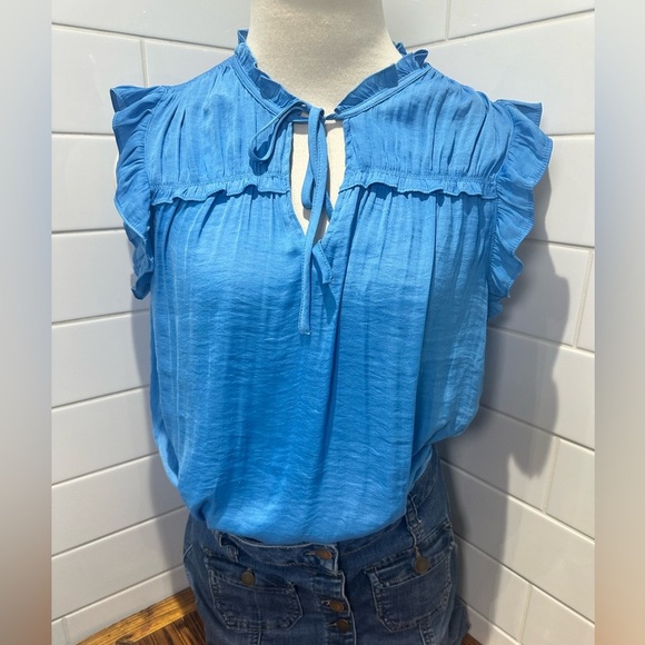 Maison Amélie Blue Ruffled Tee - Size Small - Keyhole Front Detail - Picture 1 of 5
